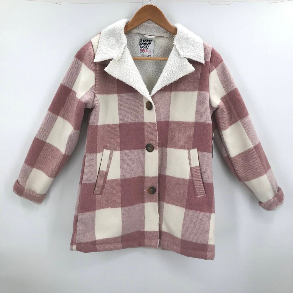 Kensie Girl Plaid Front Button Jacket Long Sleeves Pink White Size 14/16 NWT